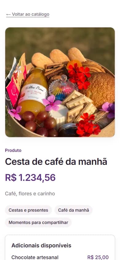Página real de produto com foto, preço, adicionais e contato pelo WhatsApp