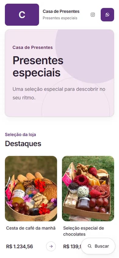 Vitrine real da FazziApp no celular, com uma loja e produtos de demonstração